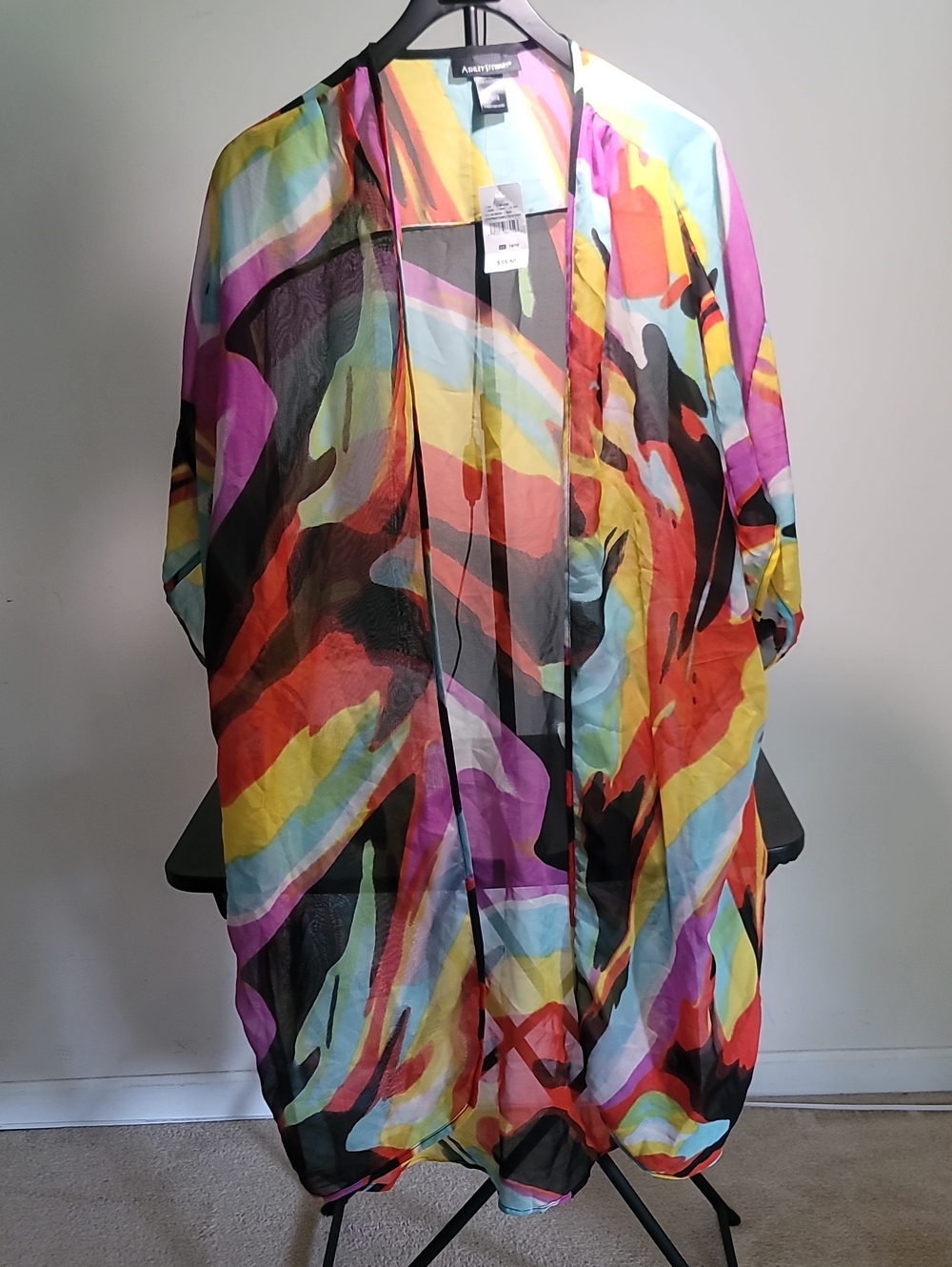 Ashley Stewart Multicolor Sheer Open-Front Kimono with Bold Abstract Print